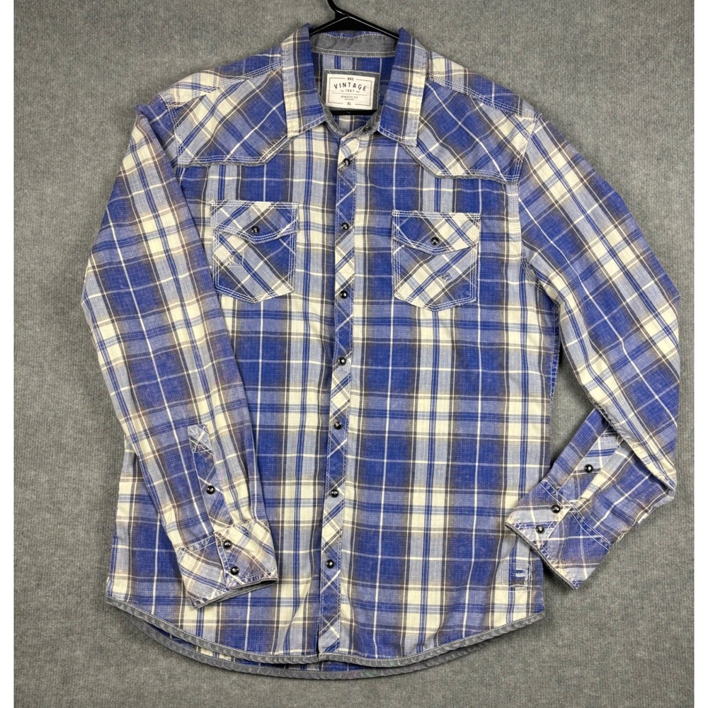 BKE Vintage Athletic Fit Western Plaid Snap Button Shirt XL Blue V318FPW